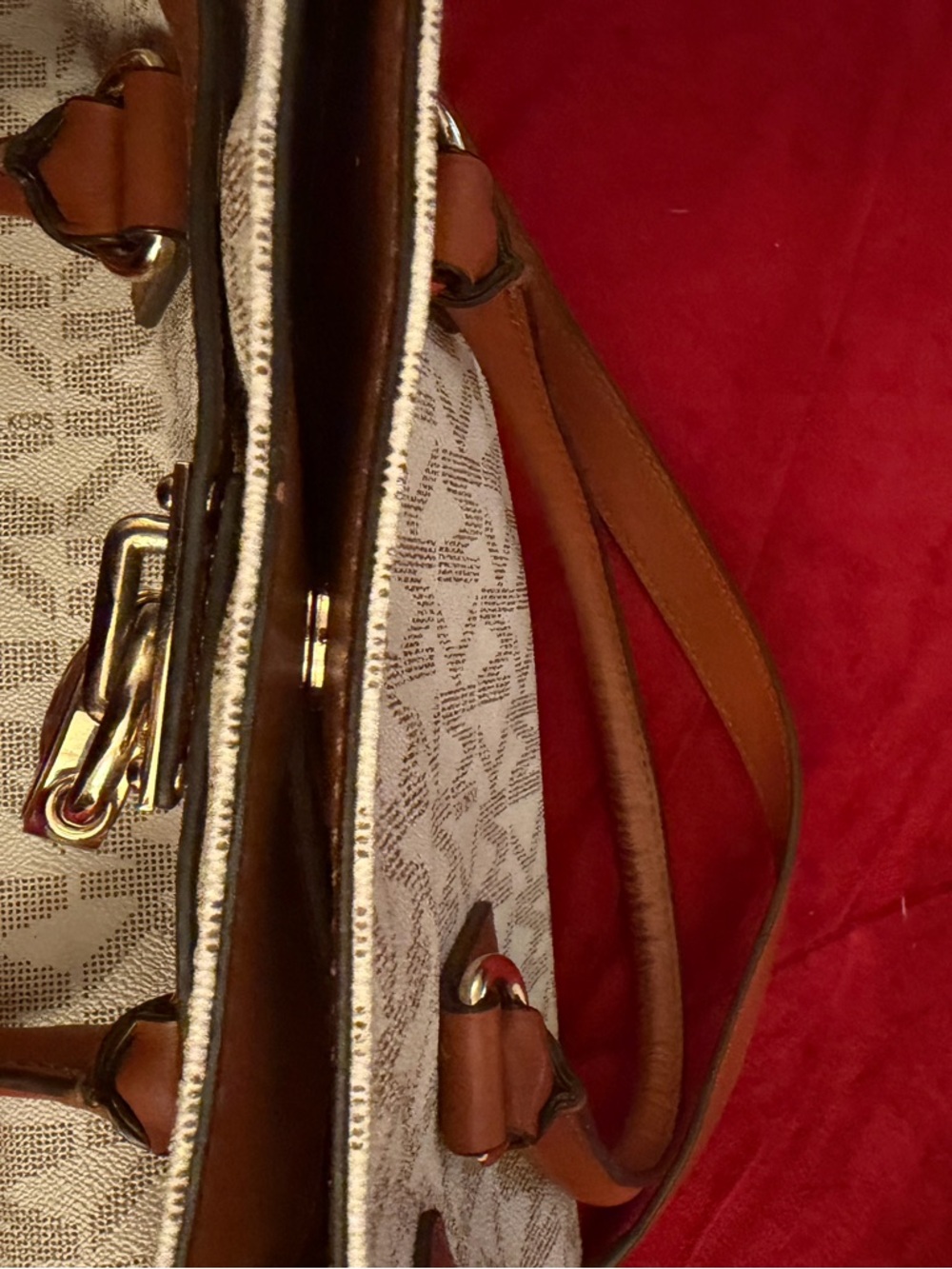 Michael Kors Hamilton Tote Cream & Tan Logo leather Satchel with Gold Hardware - Picture 8 of 9